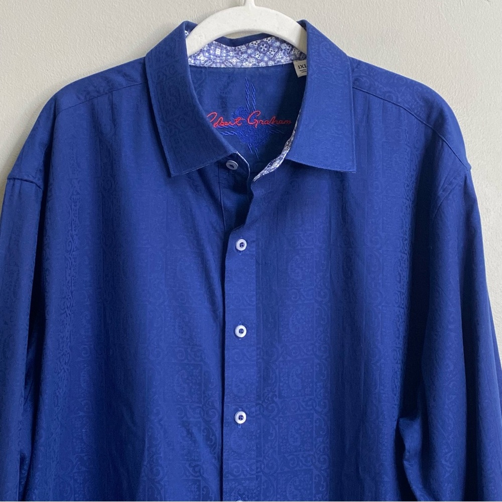 Men's Robert Graham Blue Paisley Jacquard Button Down Flip Cuff Shirt Size XL - Picture 2 of 16